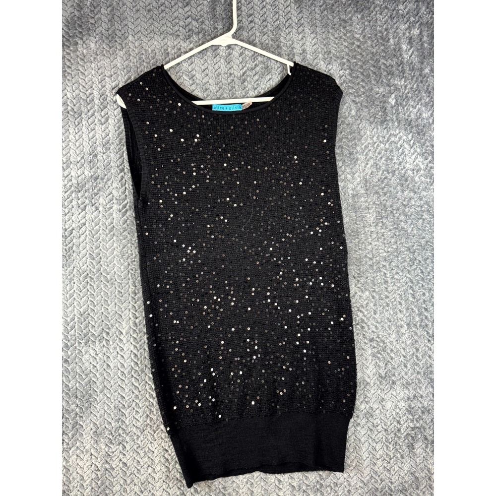 Alice + Olivia Tunic Vest Sweater Womens S Black‎ Embellished Sequin Round Neck